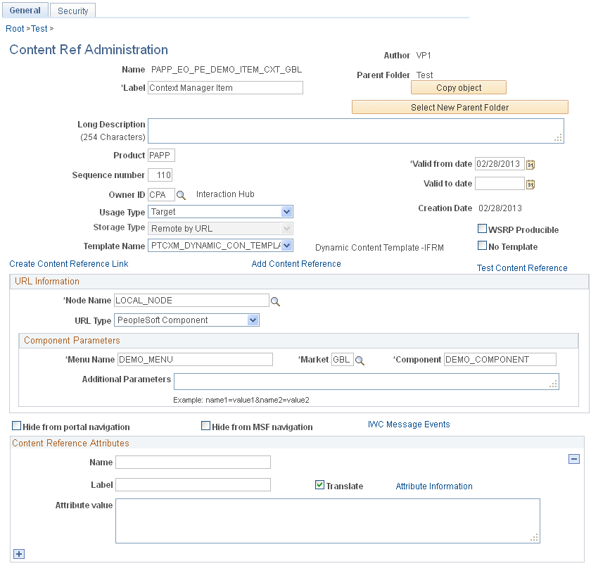 Content Ref Administration page (for the sample Context Manger Item page)