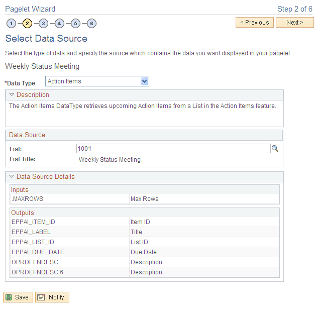 Pagelet Wizard - Select Data Source page (action items data type)