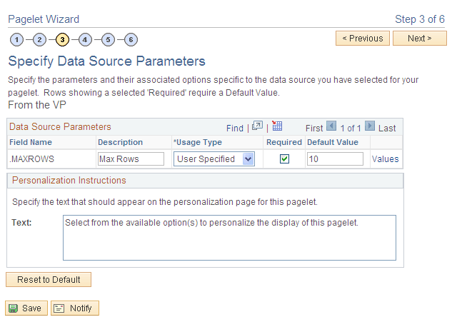 Pagelet Wizard - Specify Data Source Parameters page (blogs data source)