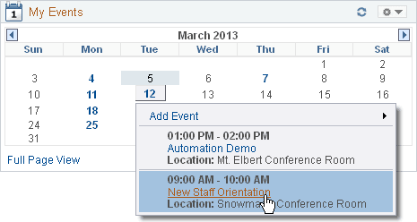My Events pagelet pop-up list
