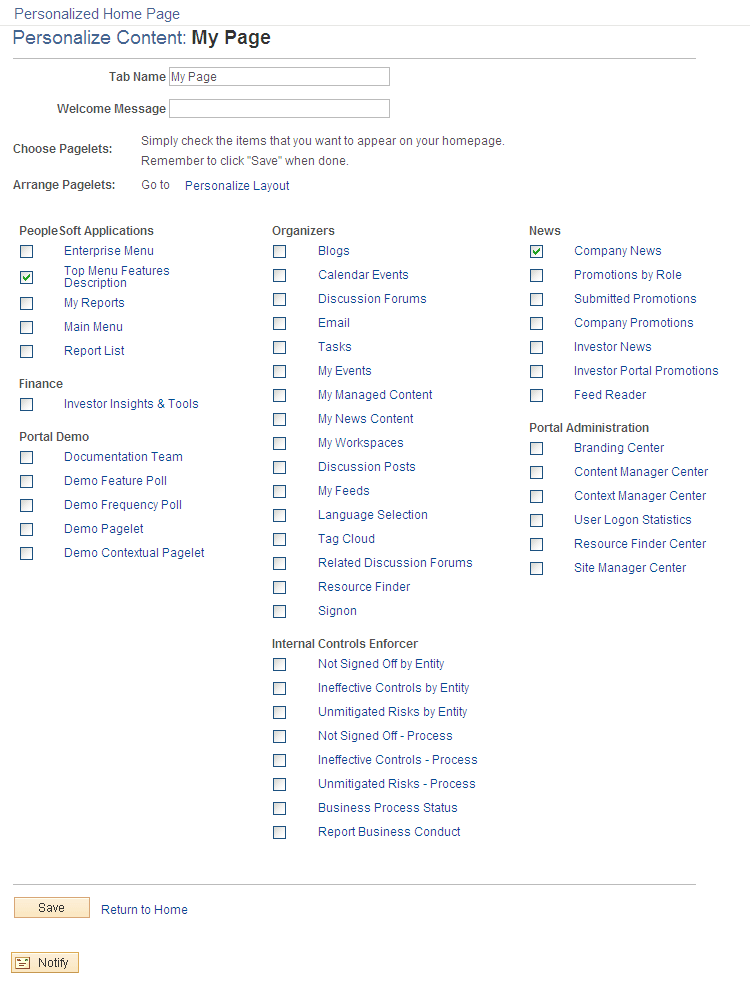 Personalize Content page (My Page tab)