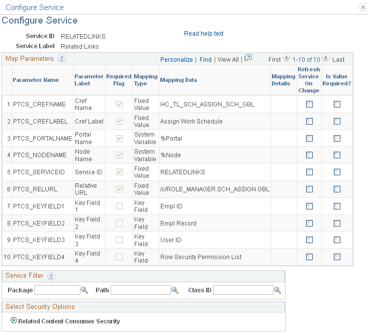 Configure Service page (Related Links service)