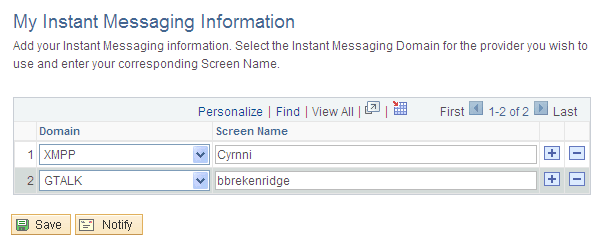 My Instant Messaging Information page