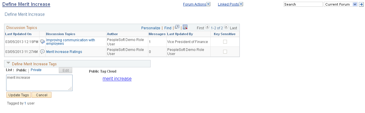 Example of a discussion forum homepage (Related Discussion service) showing the Tags region