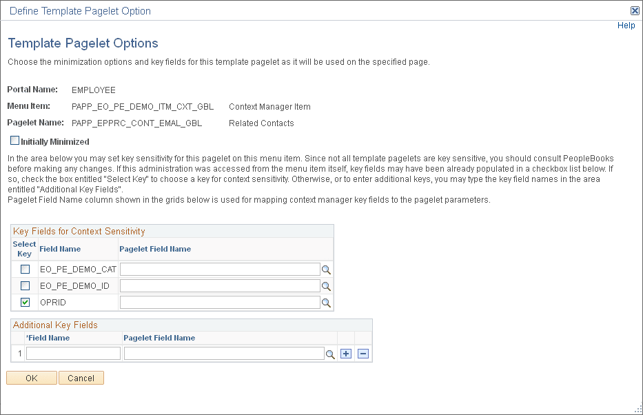 Template Pagelet Options page (key fields auto-populated)