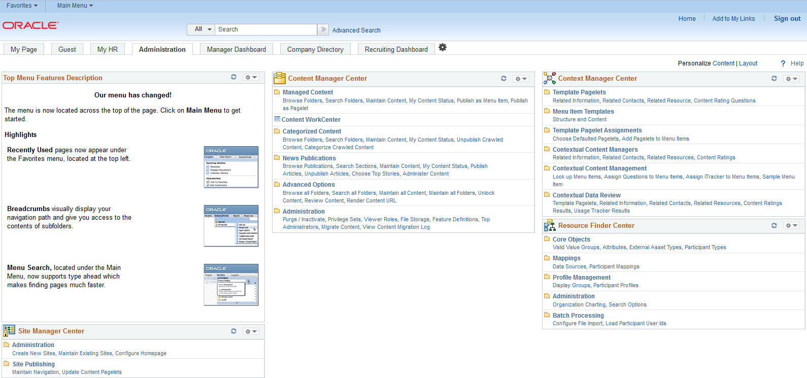 Administration homepage tab