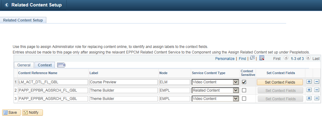 Related Content Setup page - Context tab