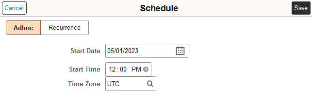 Schedule page for Adhoc schedule