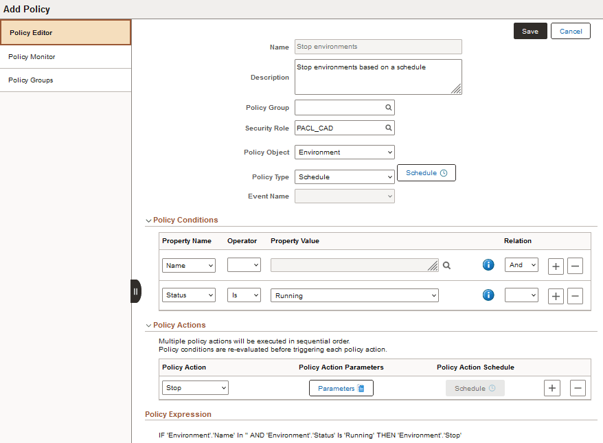 Add Policy page, Object Type is Environment