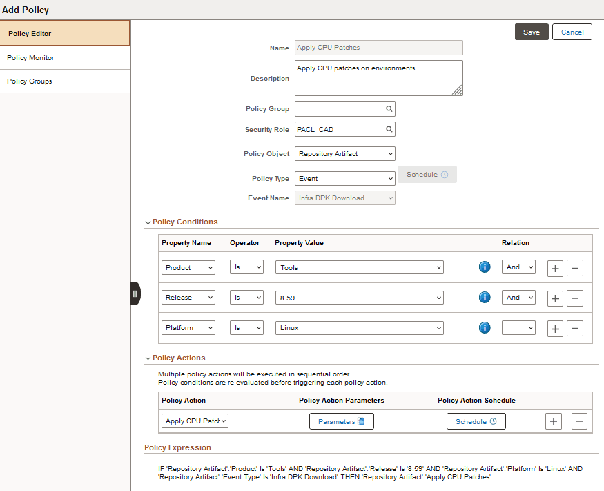 Add Policy page, Apply CPU Patches example
