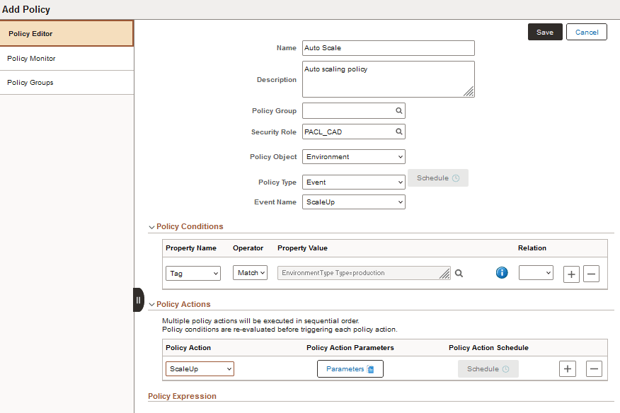 Add Policy page, Auto Scale example