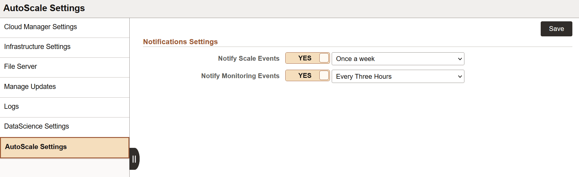 AutoScale Settings page