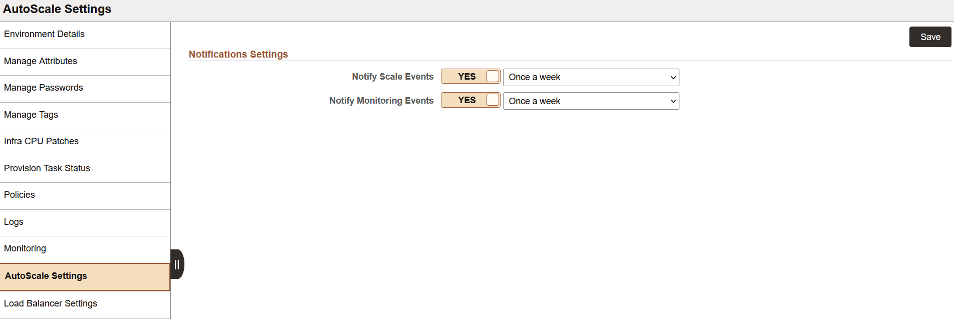 AutoScale Settings page
