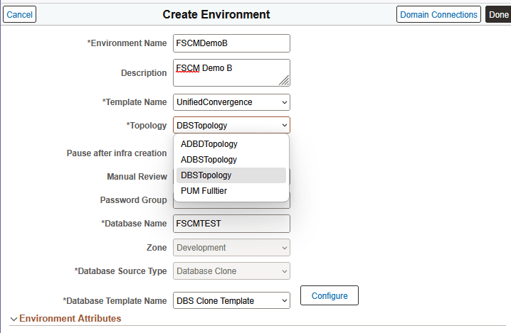 Create Environment page showing Topology drop-down