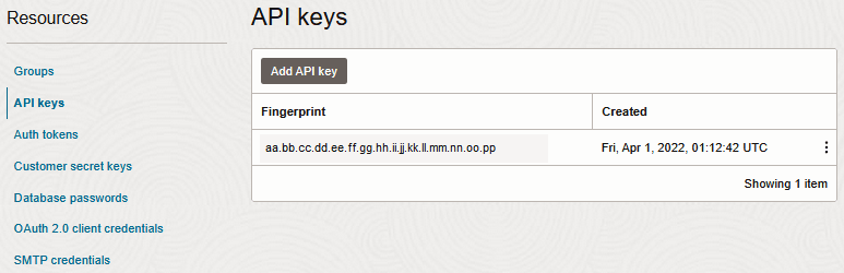 API Keys section