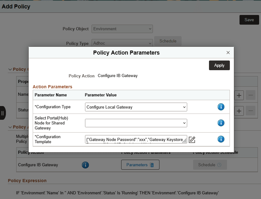 Policy Action Parameters for Configure IB Gateway