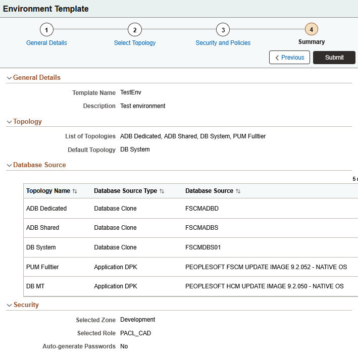 Environment Template - Summary page