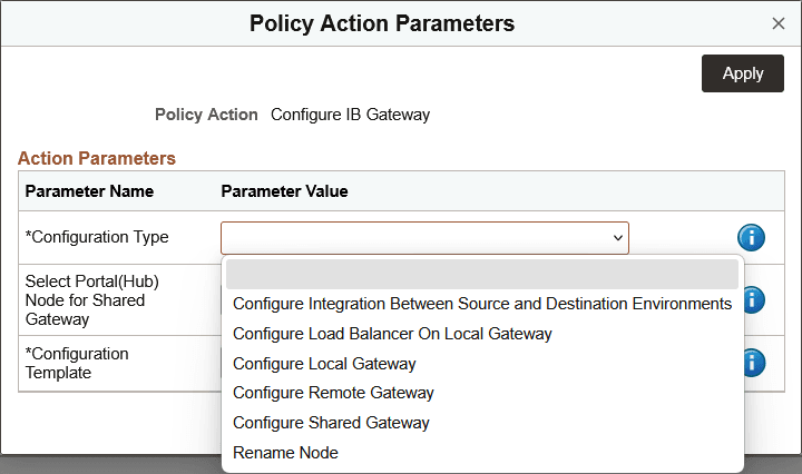 Policy Action Parameters page for Configure IB Gateway
