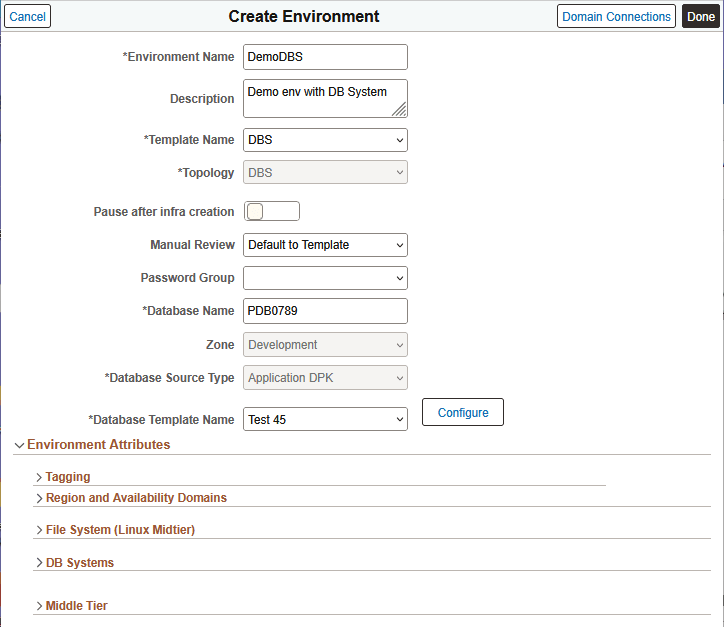Create Environment page