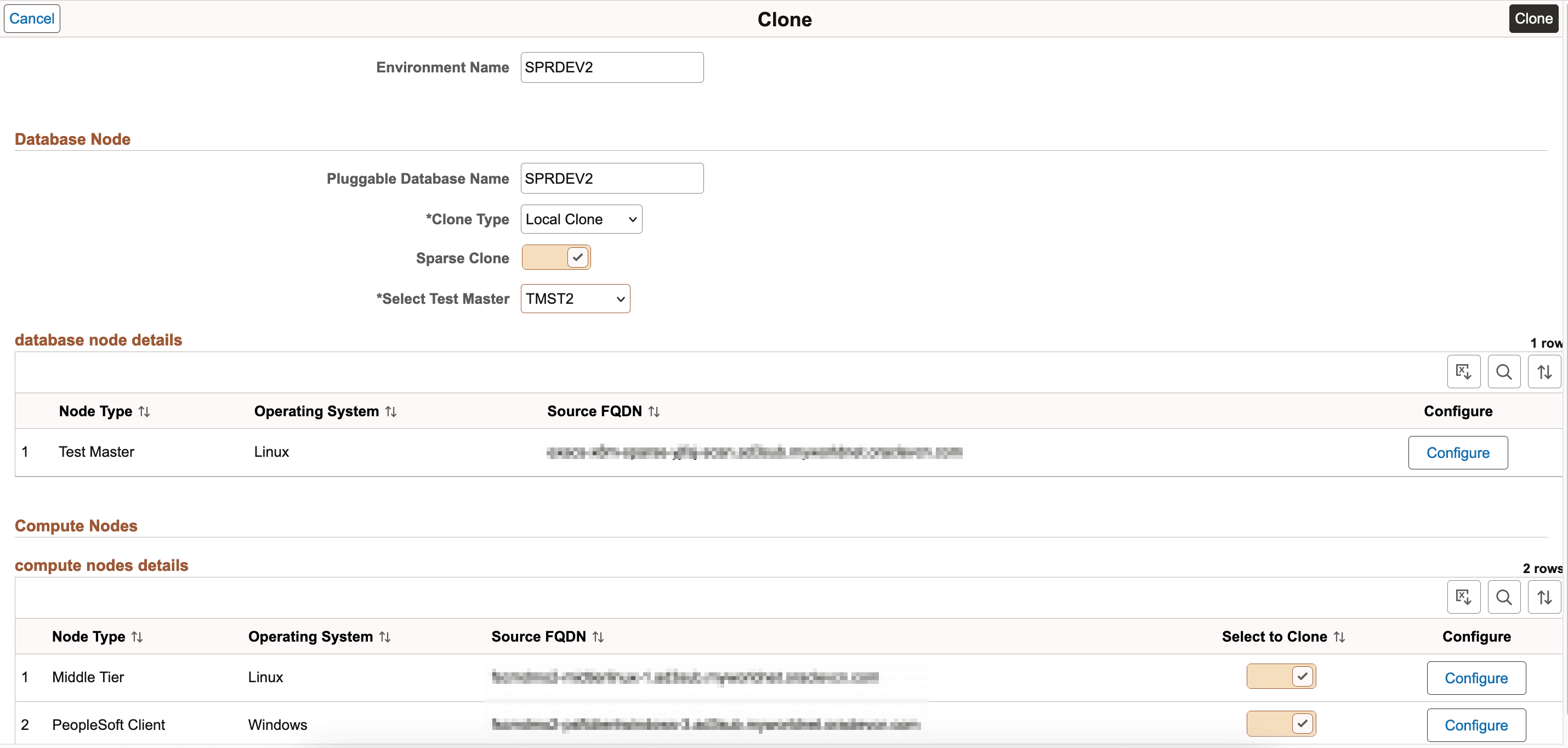 Configuration page for selecting Sparse Clone option for Exadata