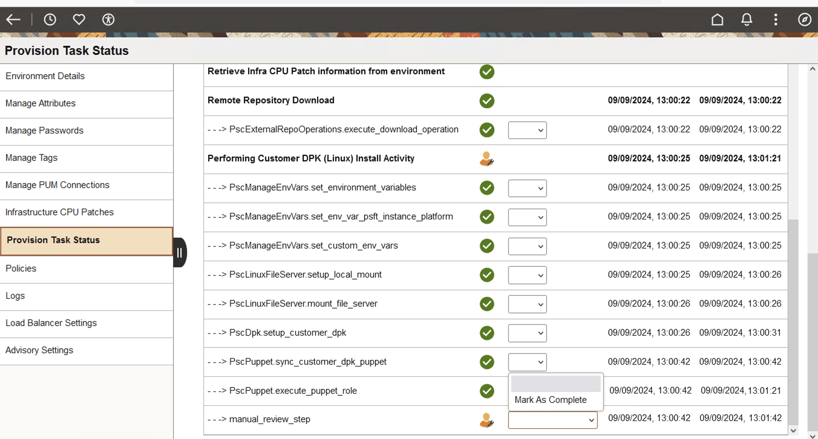 Mark As Complete action during the processing of Customer DPK activity