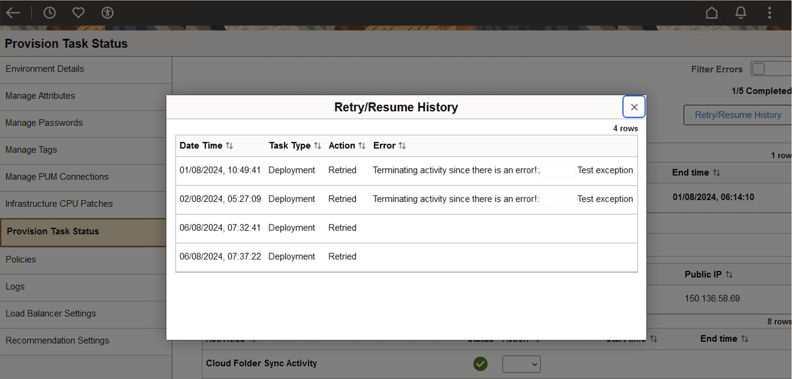 Resume/Retry History page