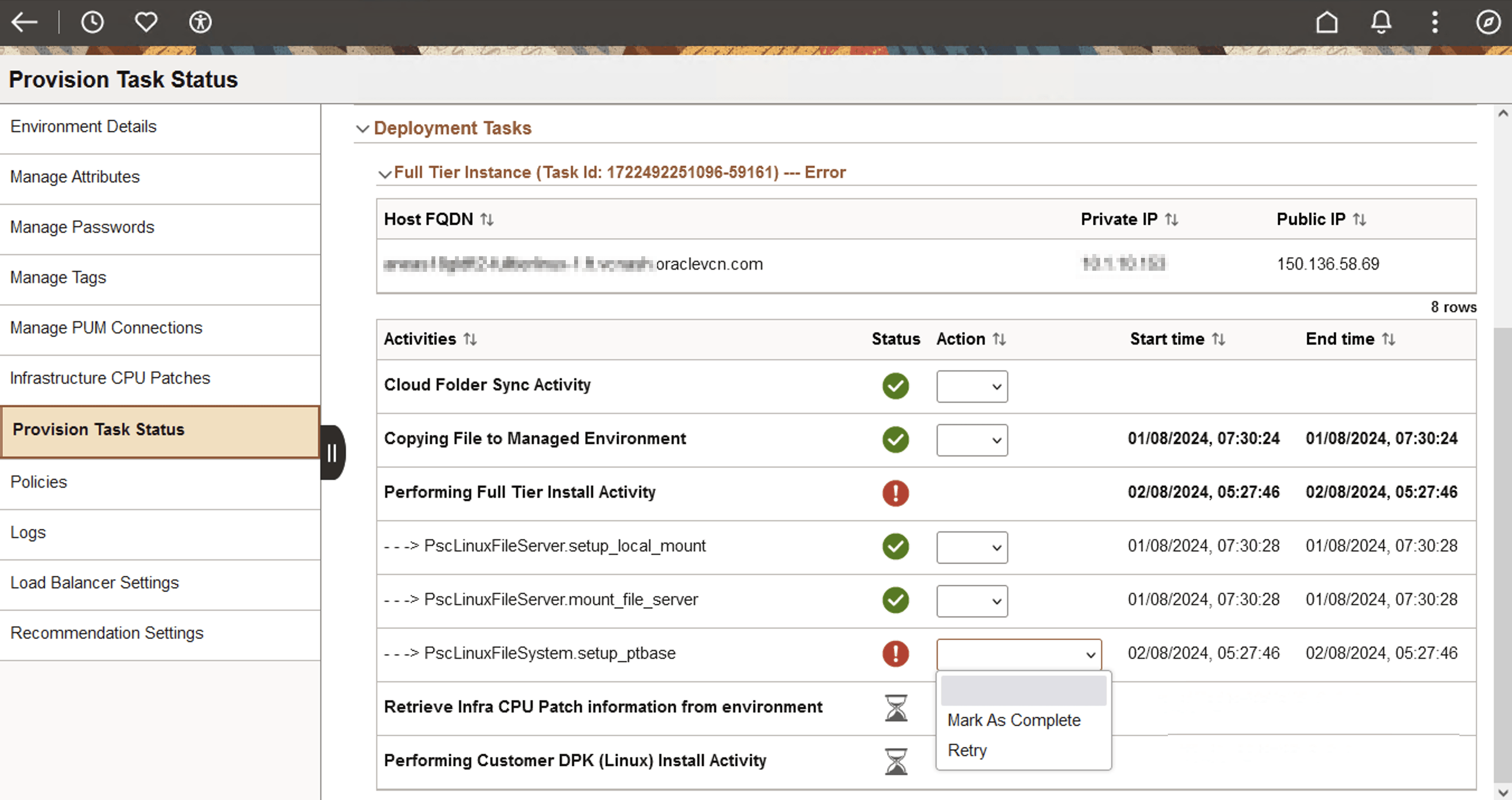 Provision Task Status Retry/Mark As Complete