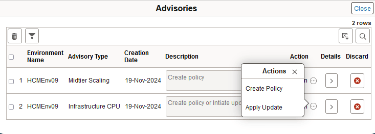 Infrastructure CPU Advisories Actions menu