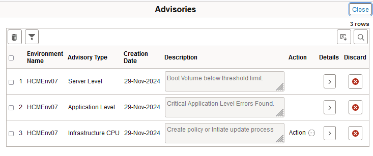 Advisories page showing three advisories