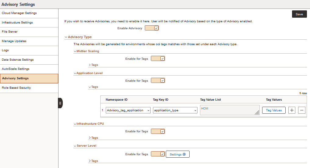Cloud Manager Settings - Advisory Settings page