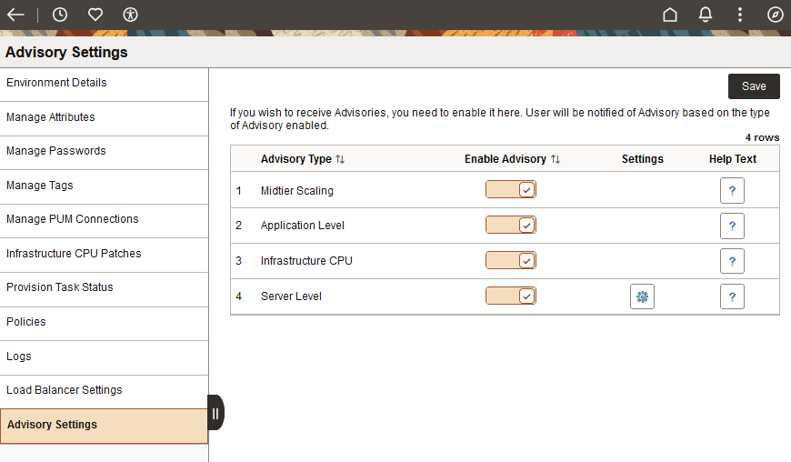 Advisory Settings page for an environment