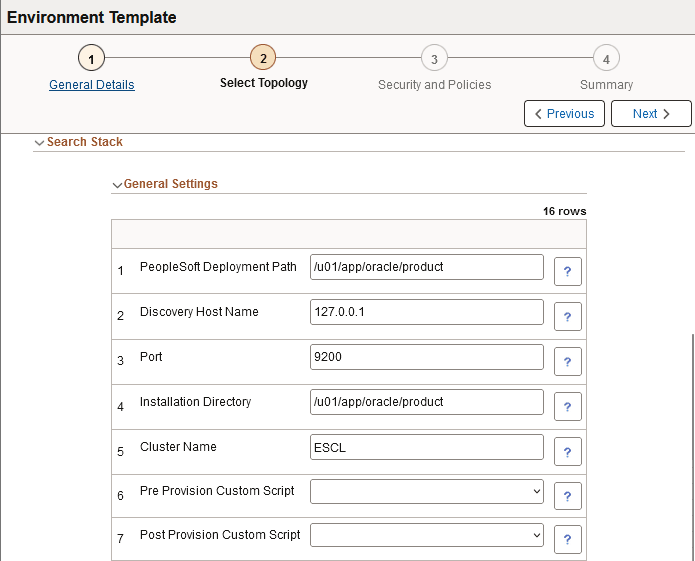 General Settings for Search Stack, 1 of 2