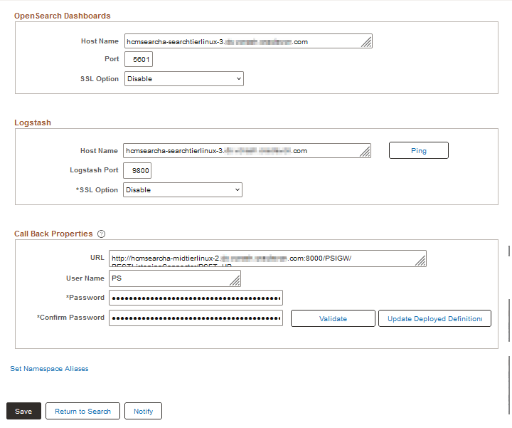Search Instance Properties page with three search instances (2 of 2)