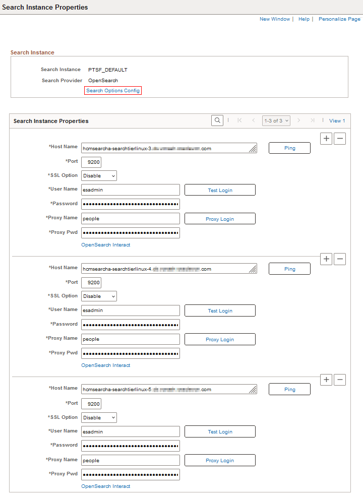 Search Instance Properties page with three search instances (1 of 2)