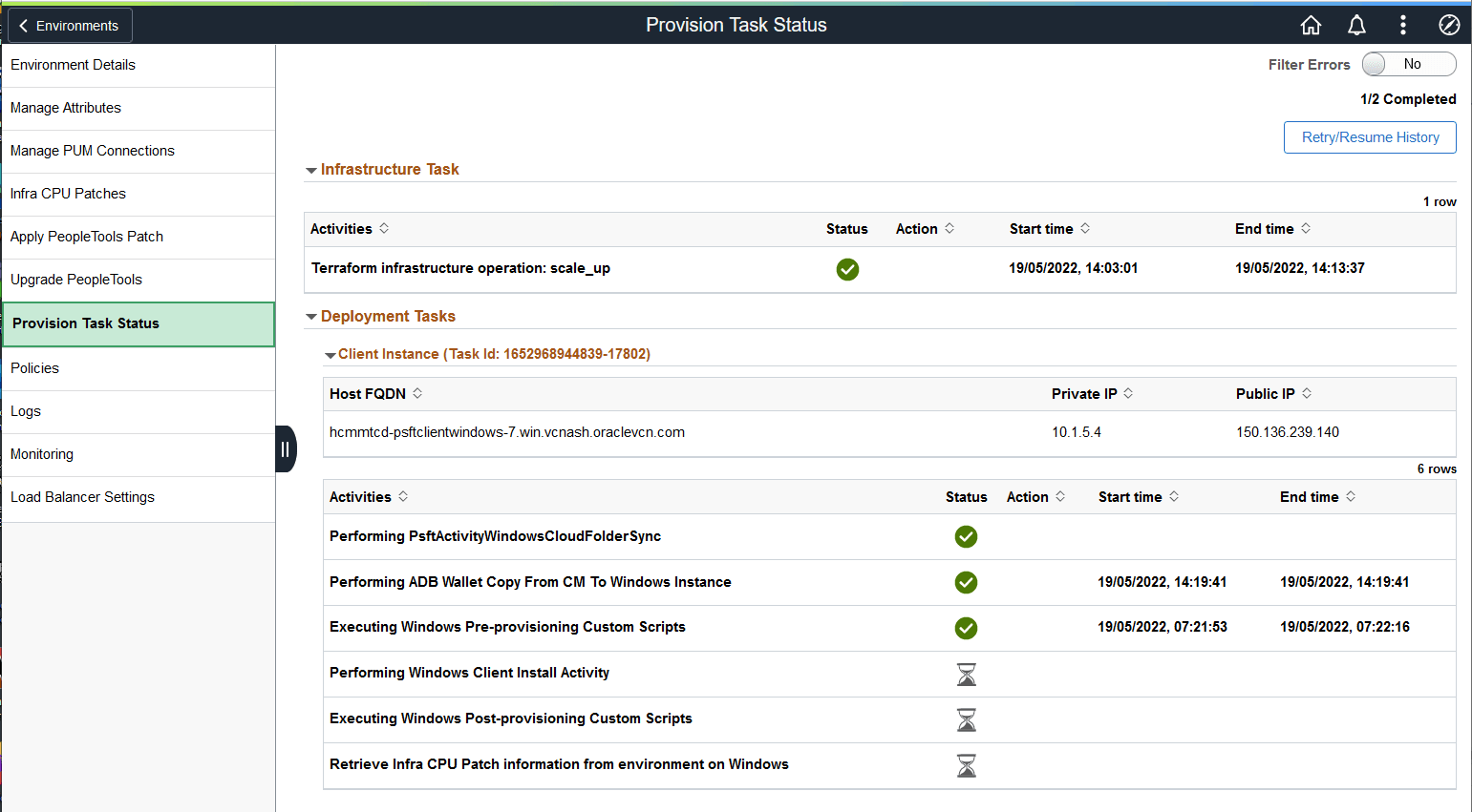 Provision Task Status page