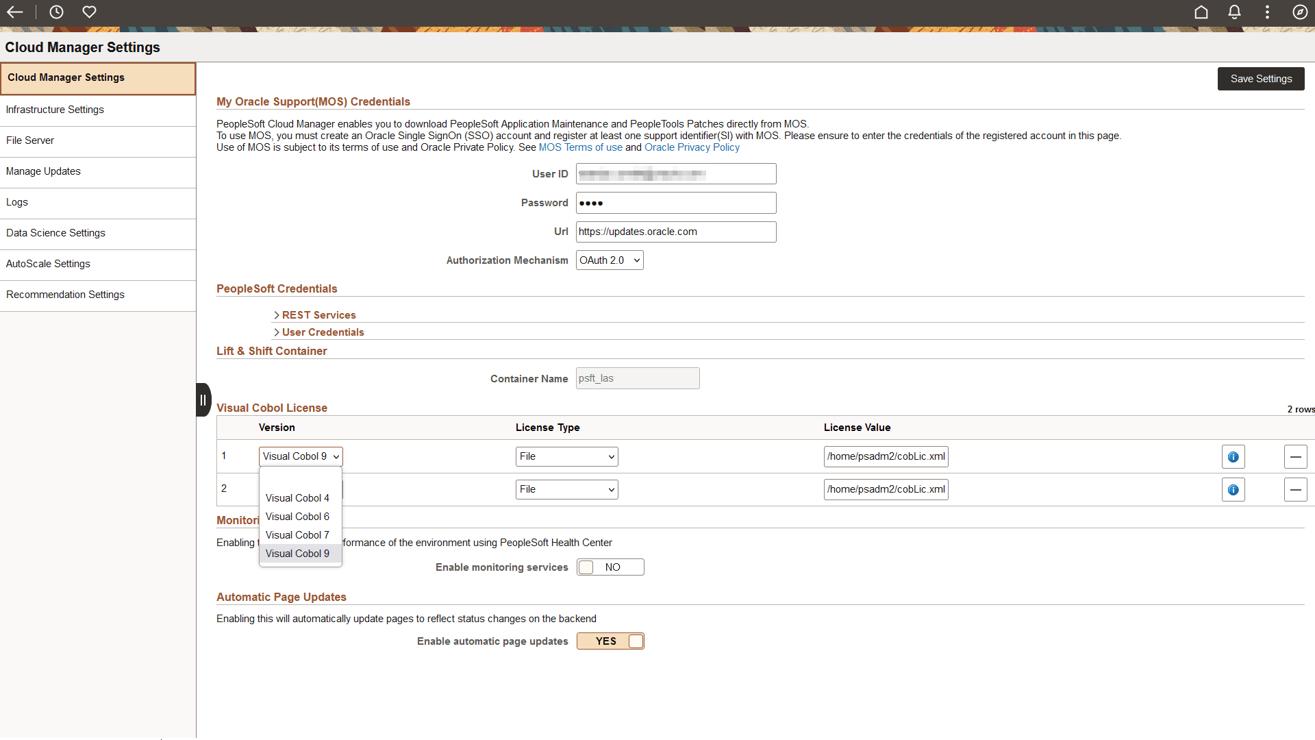 Cloud Manager Settings page