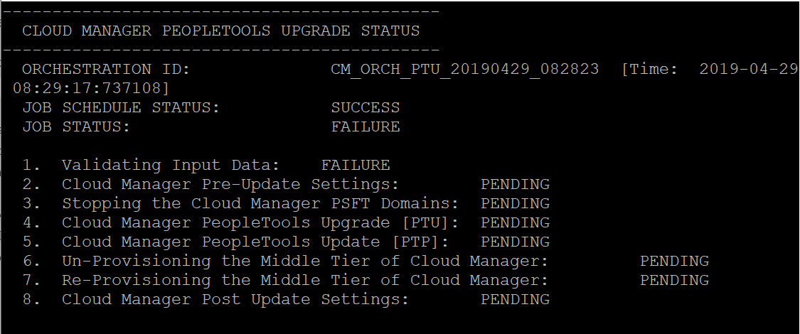 Cloud Manager PeopleTools Upgrade Status with failed step