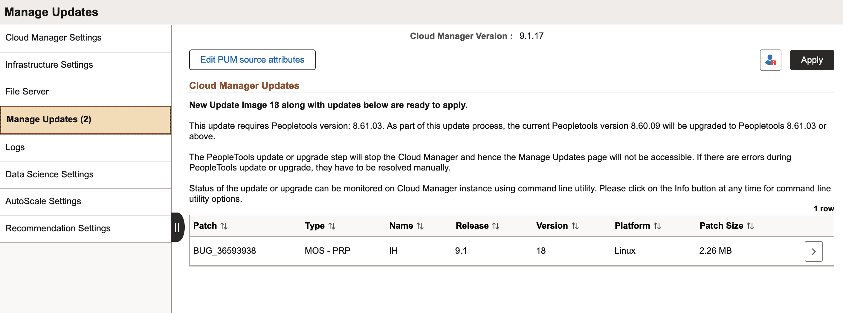 Manage Updates page showing that updates are available