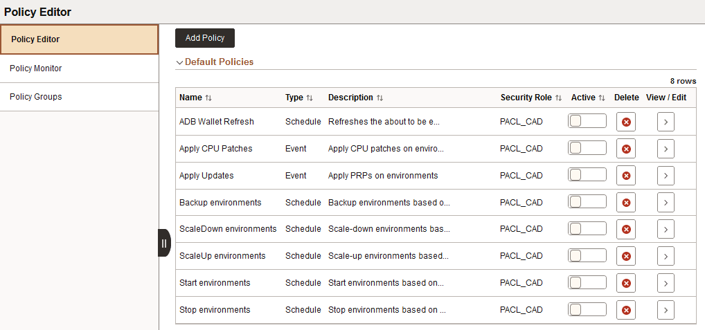 Policy Editor page with default policies