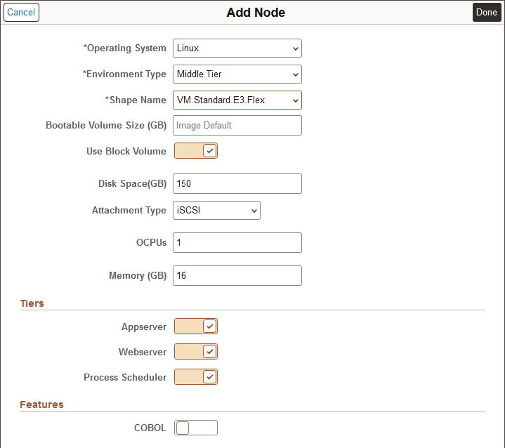 Add Node page for VM.Standard.E3.Flex shape