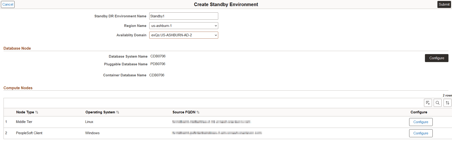 Create Standby Environment page