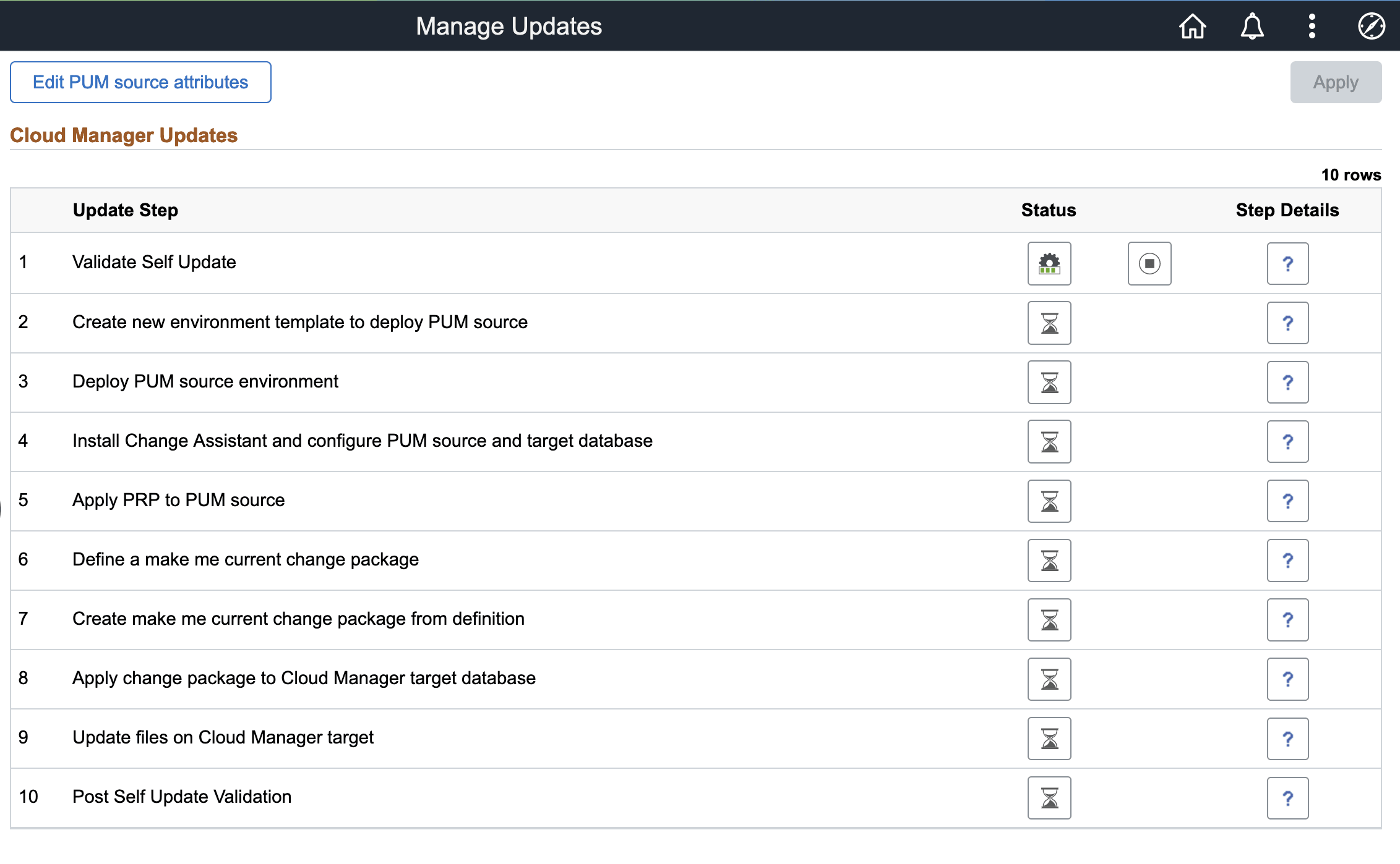 Manage Updates page showing Cloud Manager Update Steps
