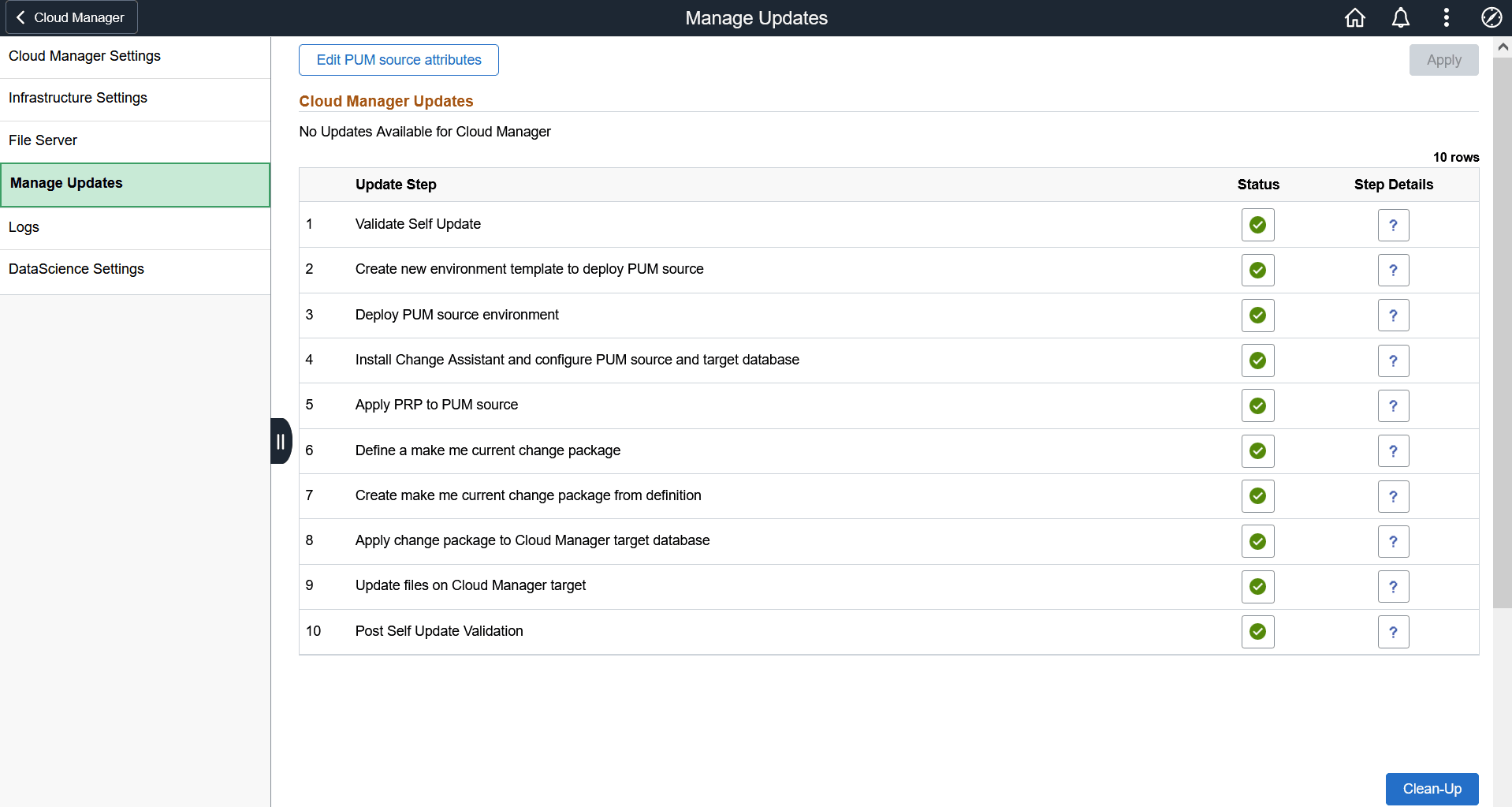 Manage Updates page showing the status of updates