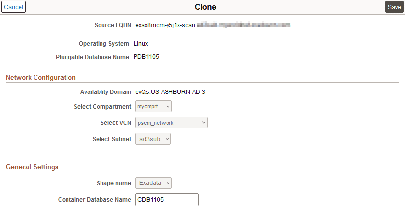 Configuration page for New CDB cloning for Exadata