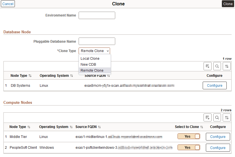 Clone environment page with Exadata Database node