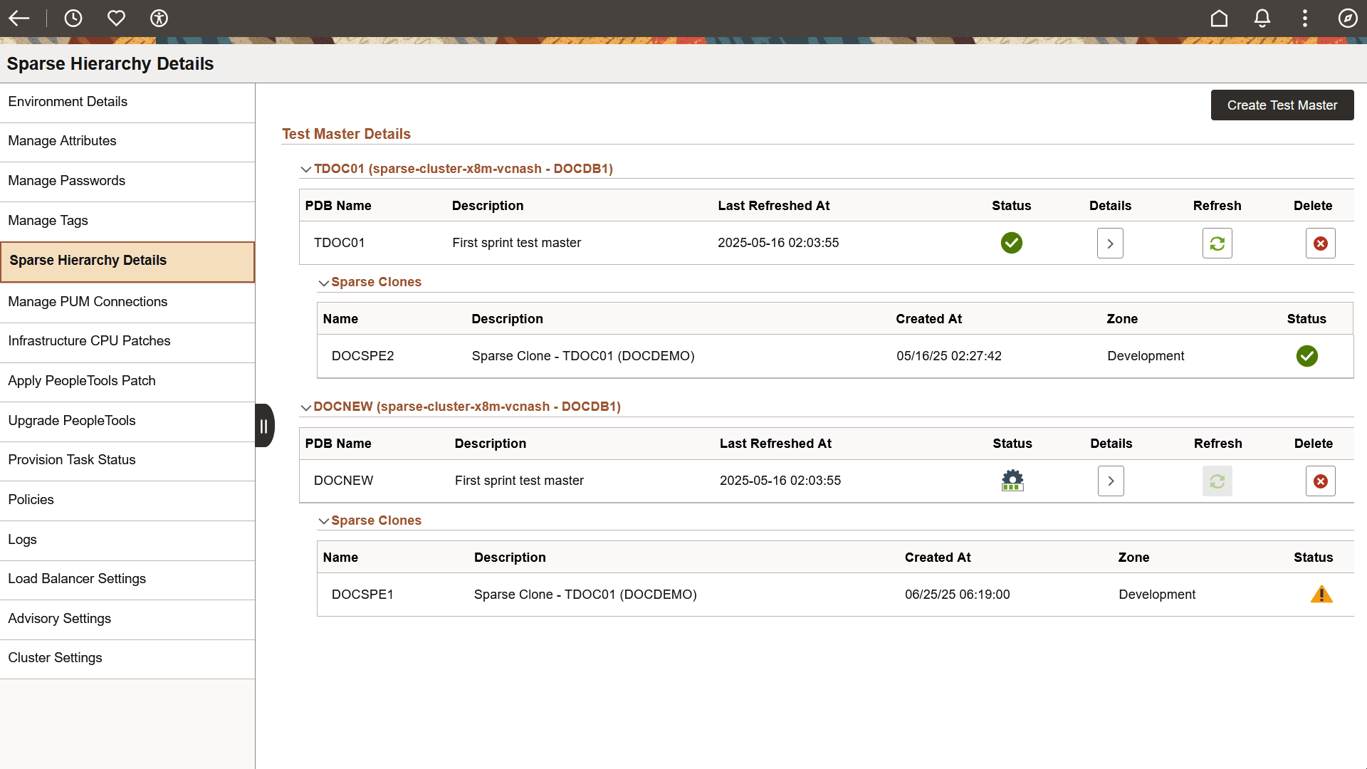 Refresh Status on the Sparse Hierarchy Details page