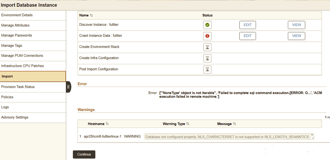 Import Database Instance page showing a process with an error.