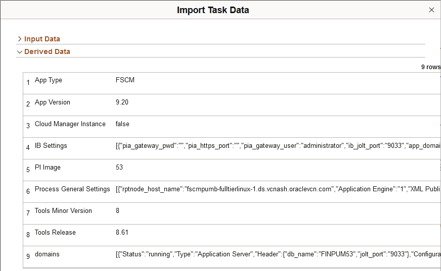 Import Task Data, Derived Data, accessed with View button