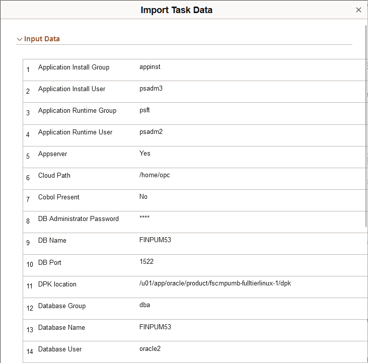 Import Task Data page, Input Data, accessed from View button