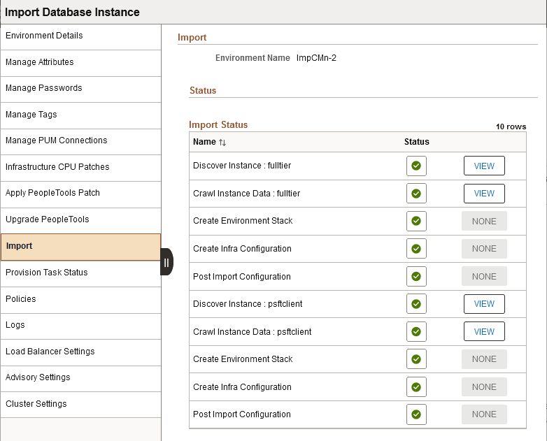 Import Database Instance page with completed steps